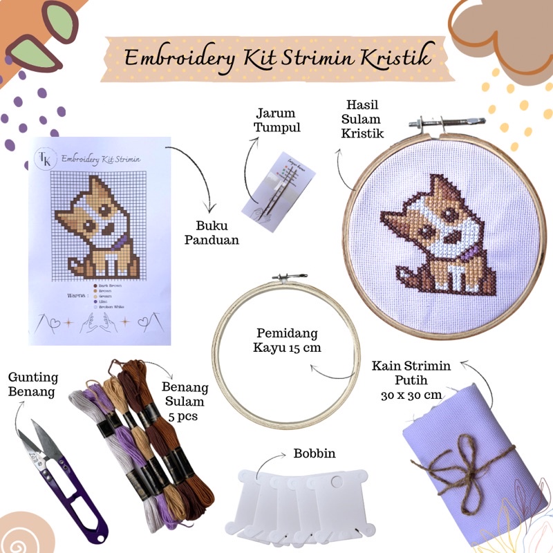 Embroidery Kit Strimin Dog / Kain Kristik / Paket Sulam Benang