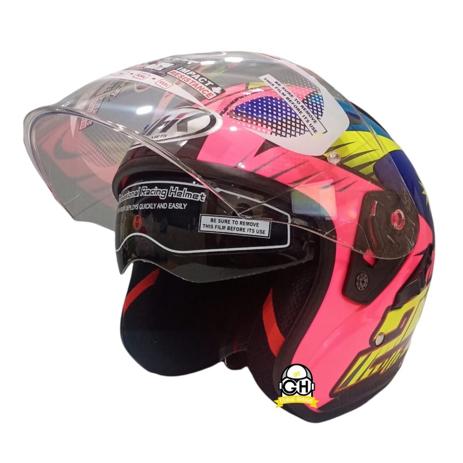 HELM NHK R1 AZLAN PINK FLO BLUE DOUBLE VISOR HALF FACE HELMET SNI