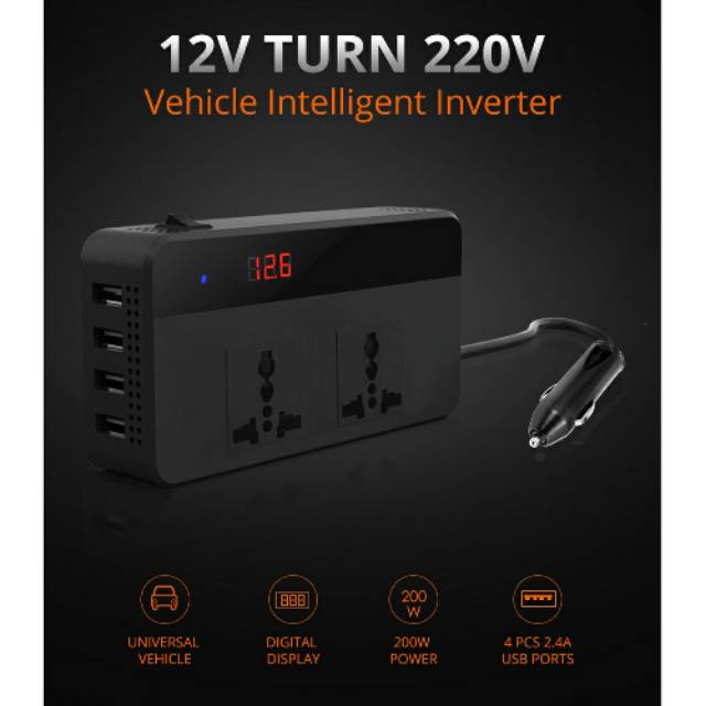 Car Power Inverter DC 12V to AC 220V 200W 4 USB Port