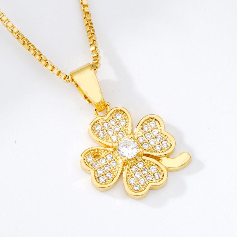 [Ready Stock]Fashion Gold-Plated Inlaid Diamond Lucky Four-Leaf Clover Pendant Necklace