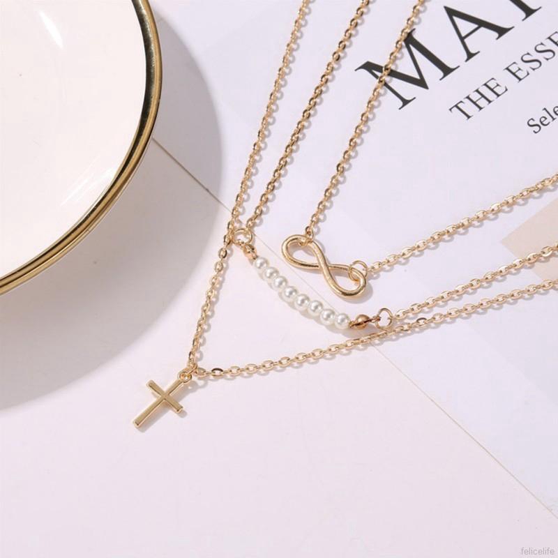 FELICELIFE Three-layer necklace eight-character pearl multi-layer necklace cross pendant clavicle chain