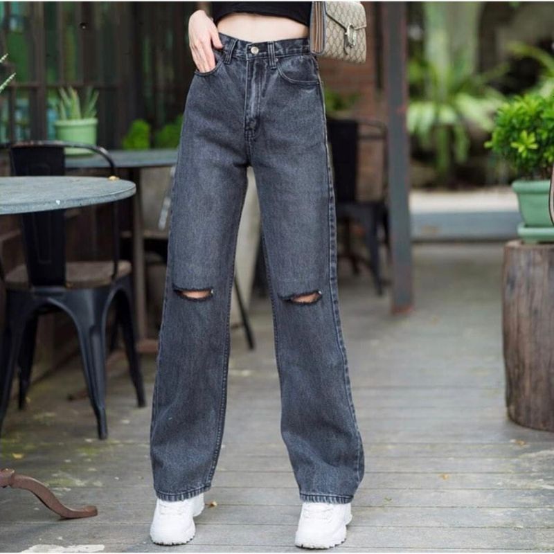 KOREAN HIGHWAIST KULOT JEANS SOBEK PREMIM/KOREAN HIGHWAIST JEANS RIPPED JEANS SOBEK 100%