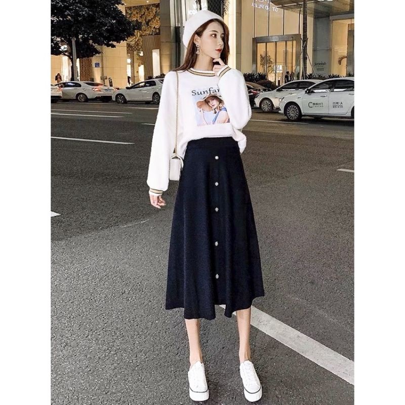 Rok Panjang Long Skirt Knit Rajut Hitam Ala Korea