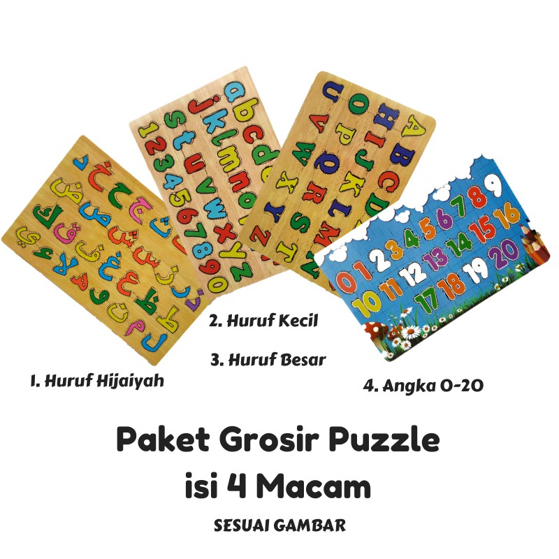 Rapid Toys Isi 4 / Paket Puzzle Kayu Edukasi Kualitas SNI / Huruf Hijaiyah Besar Kecil Dan Angka