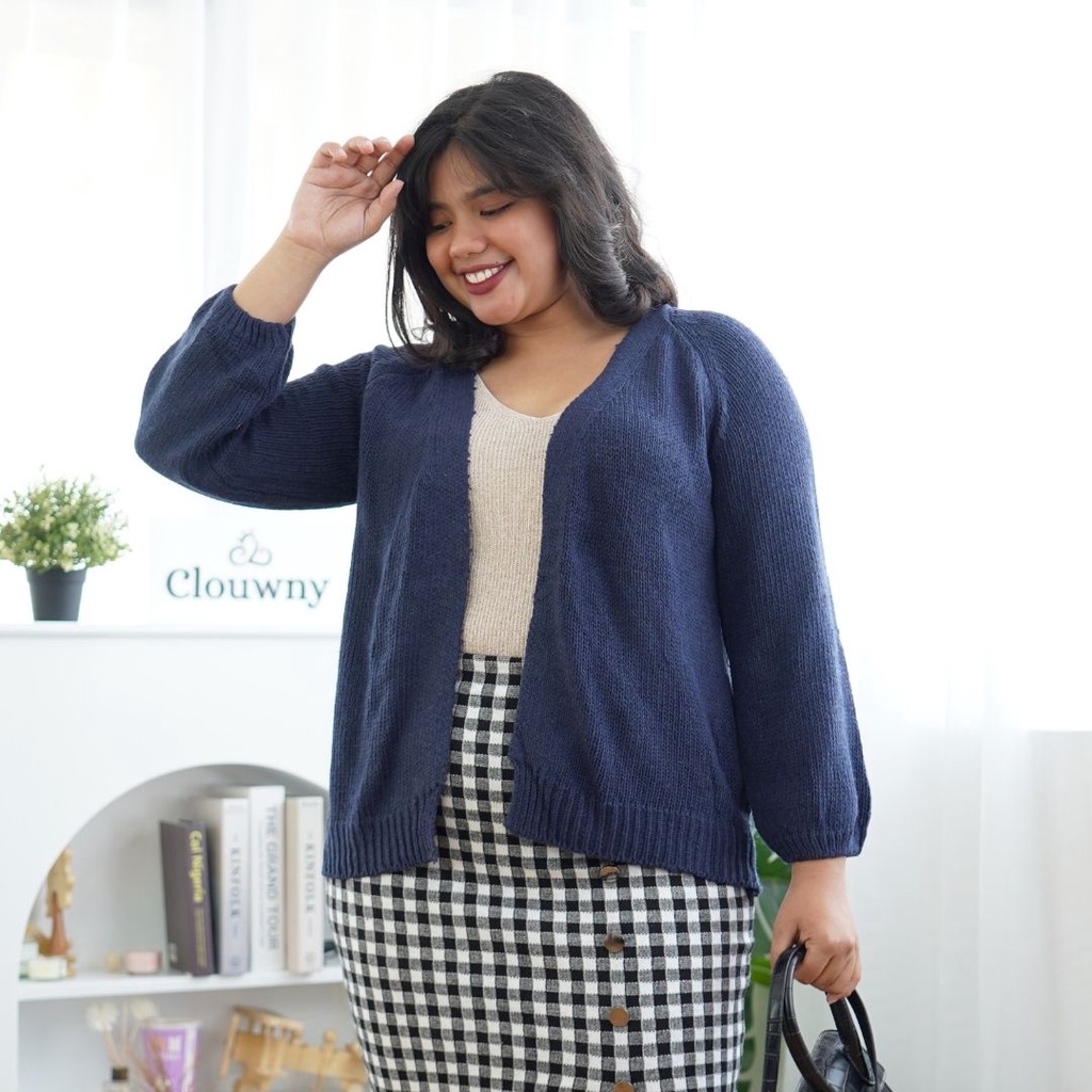 CLOUWNY - Outwear Wanita Lunetes Cardigan Outer Premium Knitt Fit to XL-Navy