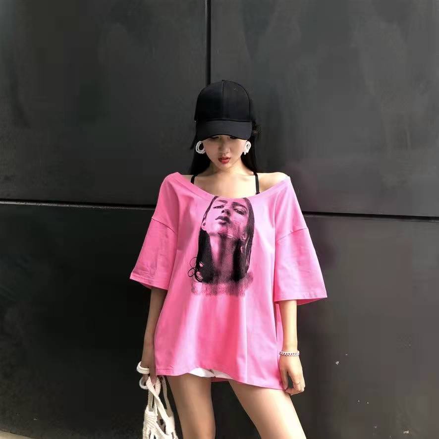 pro kata-neck off-the-shoulder lengan pendek T-shirt wanita musim panas mid-length besar setengah le