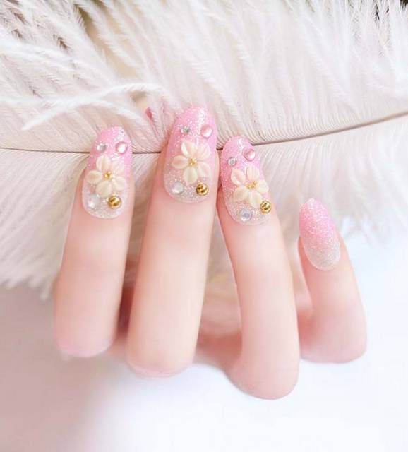 Nail art - 24 pcs bunga putih pink bertabur berlian  imitasi