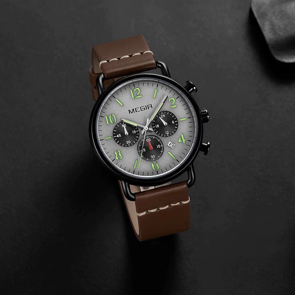 MEGIR 2158 Jam Tangan Pria Analog Chronograph Tali Kulit Luminous WATCHKITE WKOS