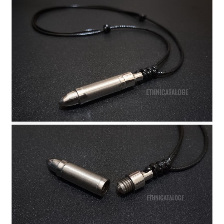 kalung tali pria liontin peluru tabung besi ( bisa dibuka)