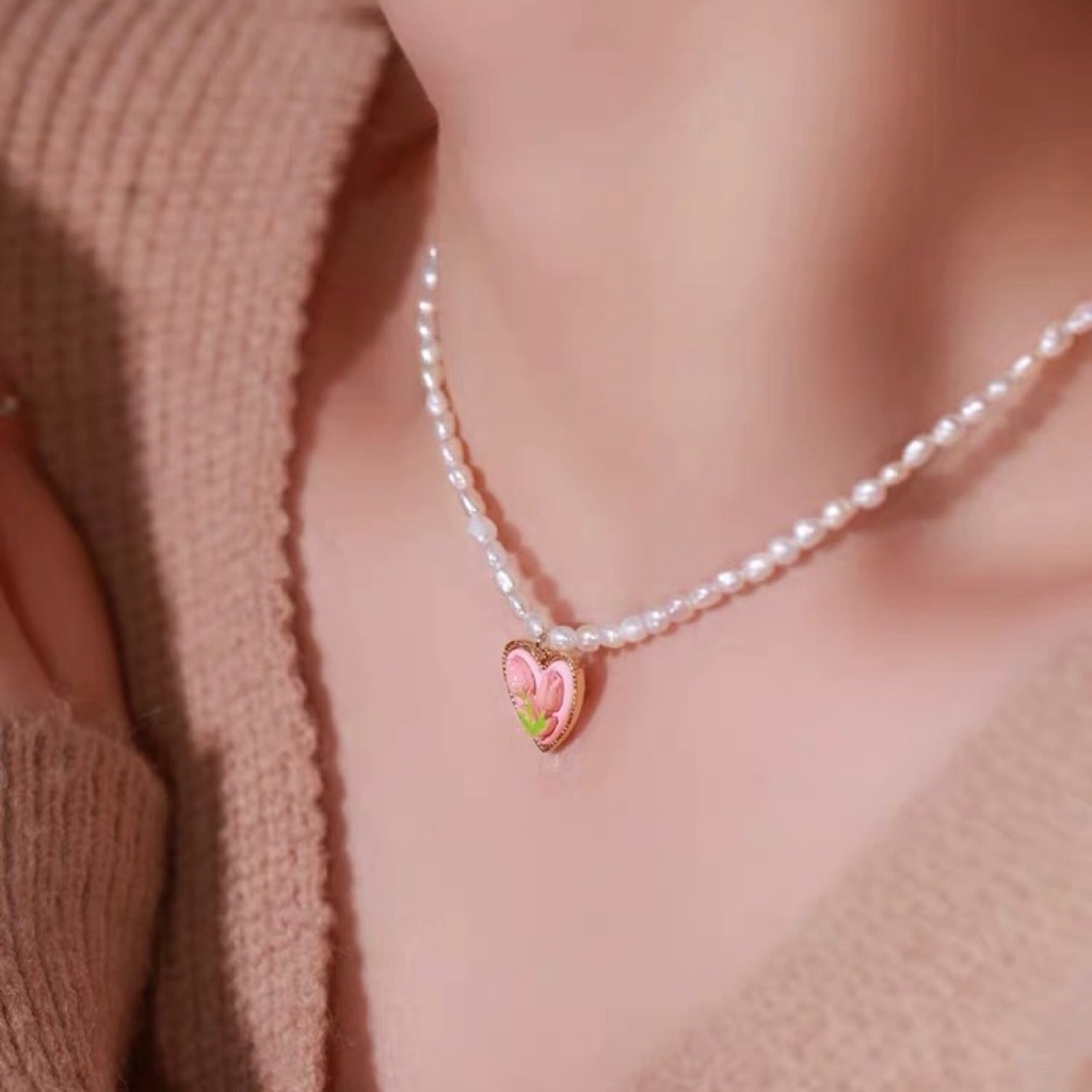 Kalung Choker Manik-Manik Mutiara Bentuk Bunga Tulip Warna Pink Untuk Wanita