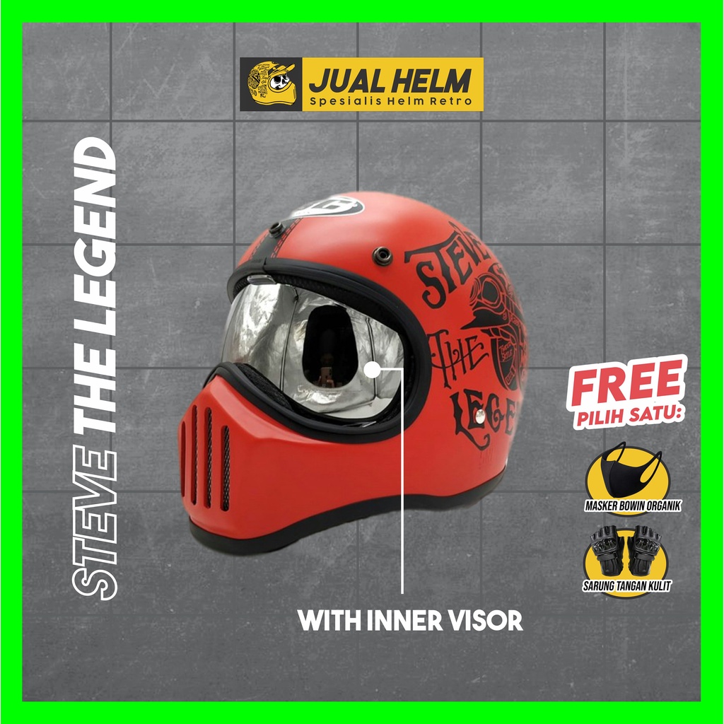 Helm Cakil HBC Steve Red Font Black + Inner Visor ( Fullface / Retro / Klasik / Vespa )