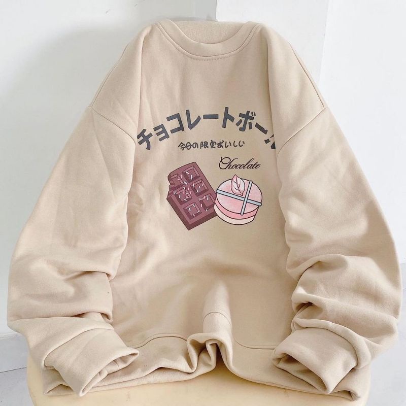 chocolate Sweater Basic Oblong Oversize Big size L.XL.XXL - Sweater Crewneck Wanita | style Korea Sweatshirt