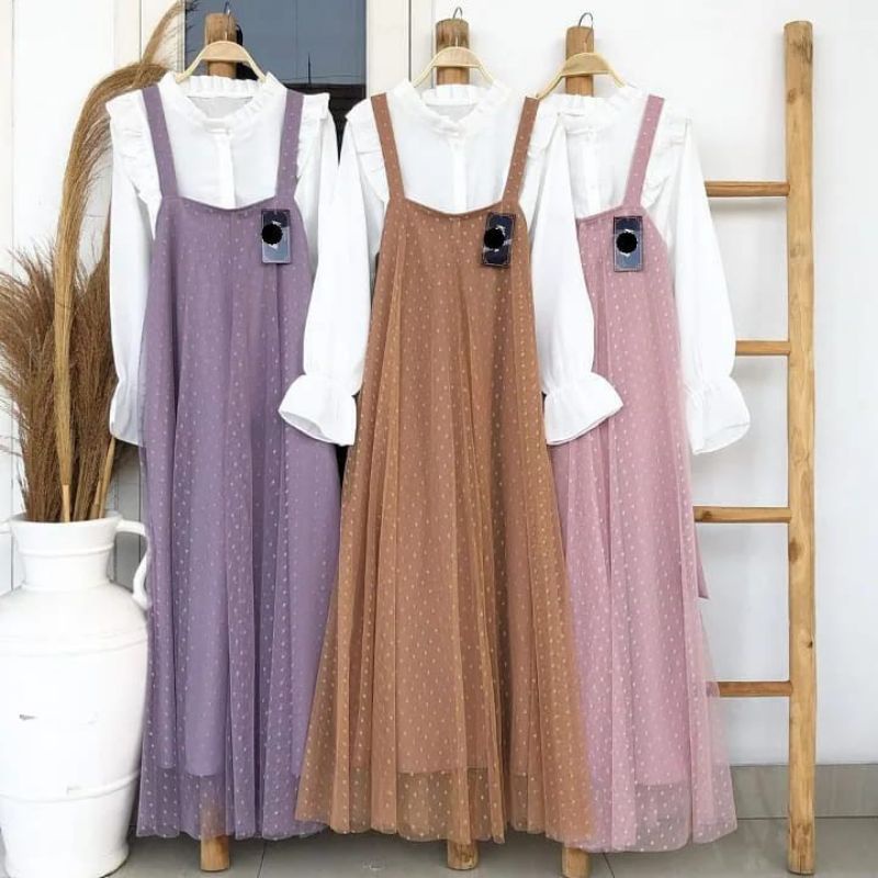Real pict mia overall set tile dot // Setelan outer tile // mia overall set tulle