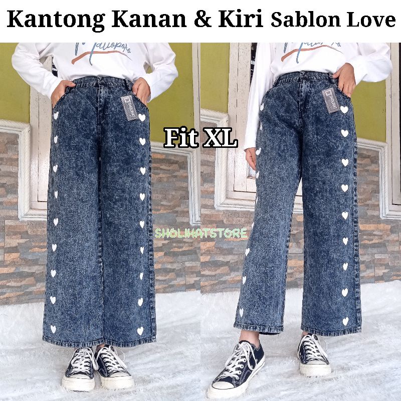 CELANA KULOT JEANS LOVE KANCING DAN SLETING PINGGANG KARET DI BELAKANG SUKURAN STANDAR SAMPAI SUPER JUMBO / KULOT SNOW JEANS PANJANG HIGH WAIST LOVE  / KULOT JEANS HW MODEL JEJE SUPER JUMBO 50KG 60KG 70KG 110KG / KULOT JEANS KOREAN STYLE / SHOLIHATSTORE