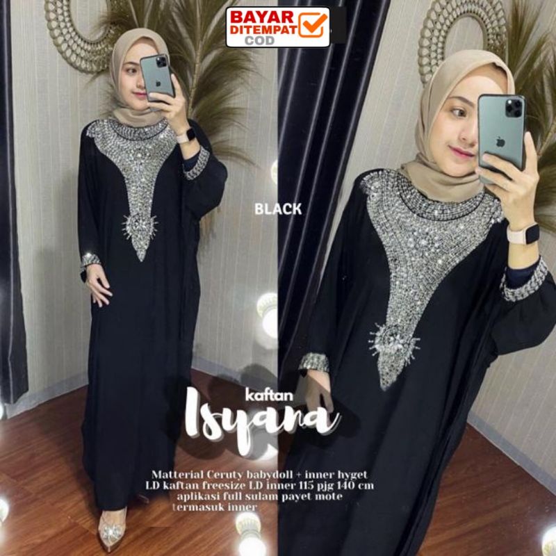 Kaftan Lebaran / Baju Lebaran / Kaftan Ceruty Isyana Jumbo Payet Mewah / Kaftan Kondangan