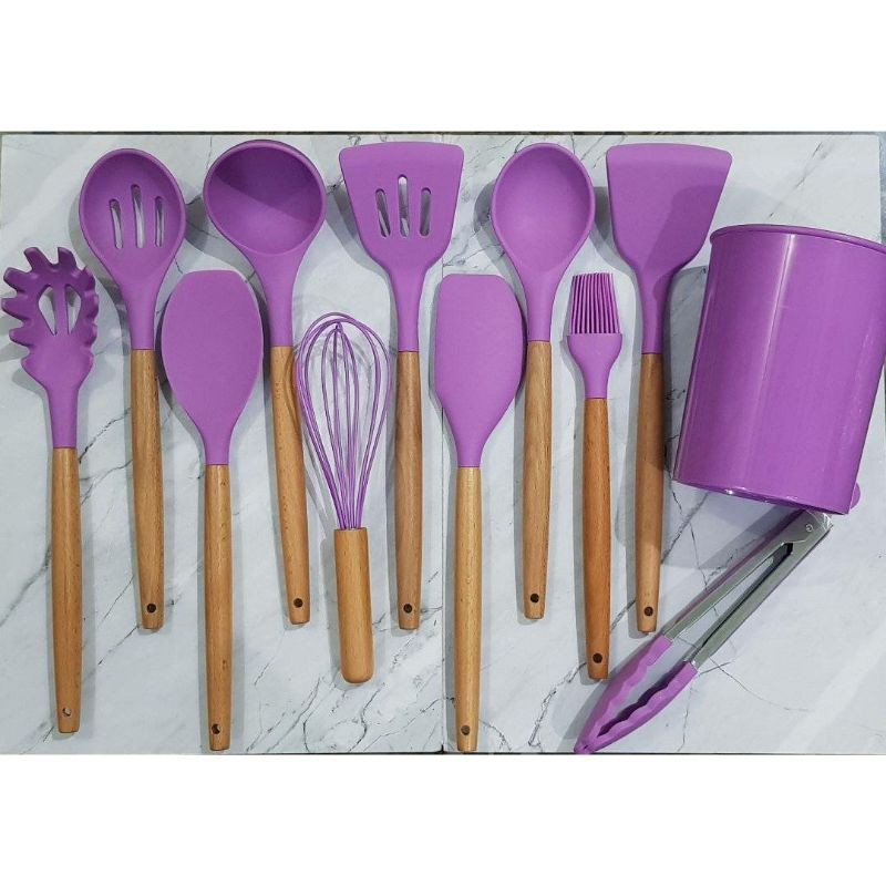 12pcs silicone cooking utensil spatula with wooden holder /alat masak silikon