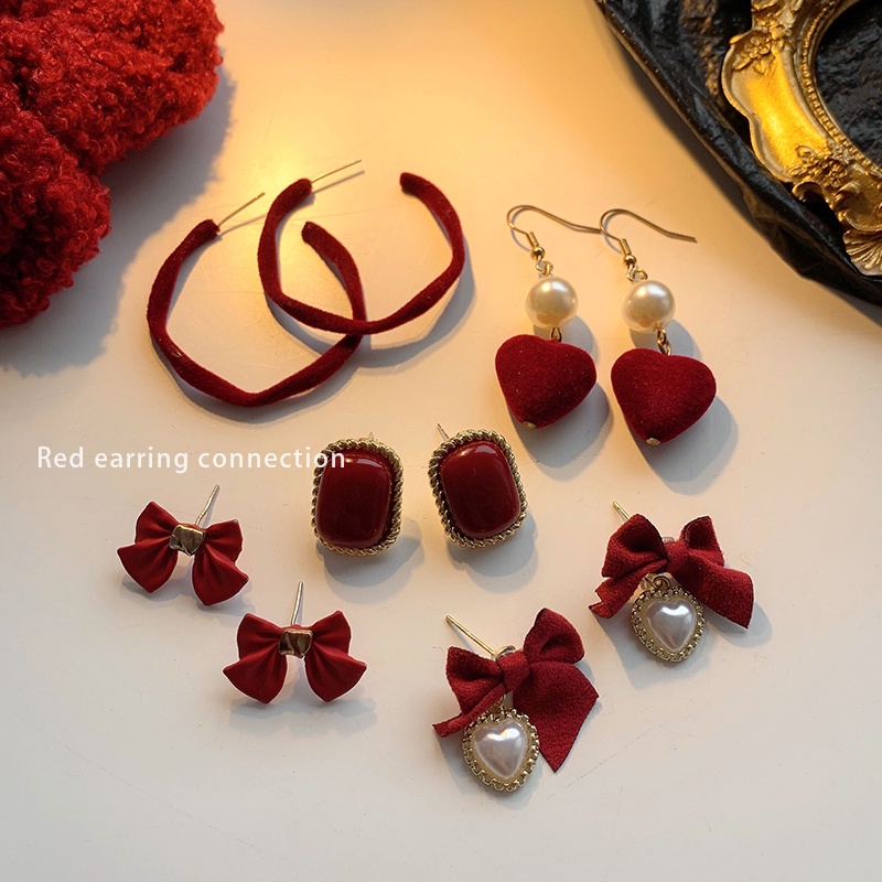 Anting Vintage Untuk Wanita Hong Kong Gaya Temperamental Mutiara Stud Earrings2023New Gaya Trendi Ceruk Rasa Tinggi Anting Merah