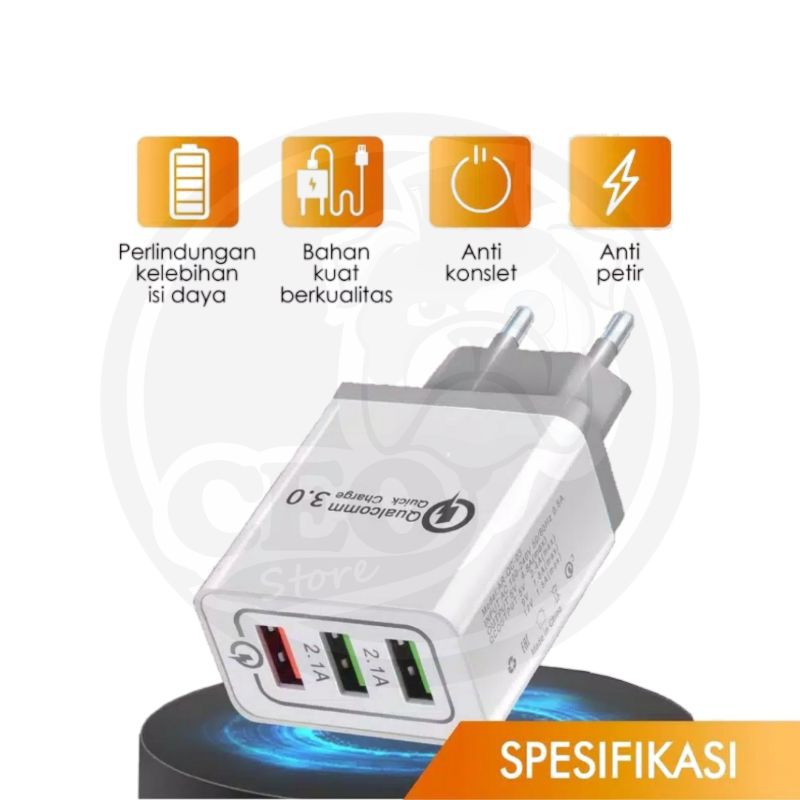 Kepala charger 3 port fast charging Qc3.0 3A // Adapter fast charging 30 watt