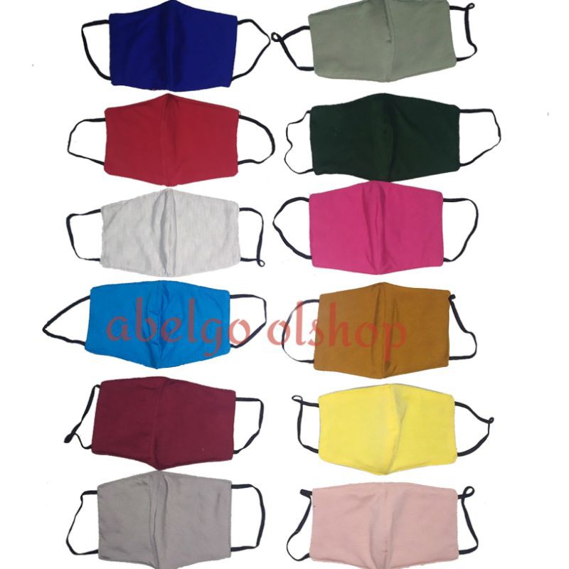 12 pcs- Masker kain 3ply earloop polos warna/masker kain 3 lapis tali karet