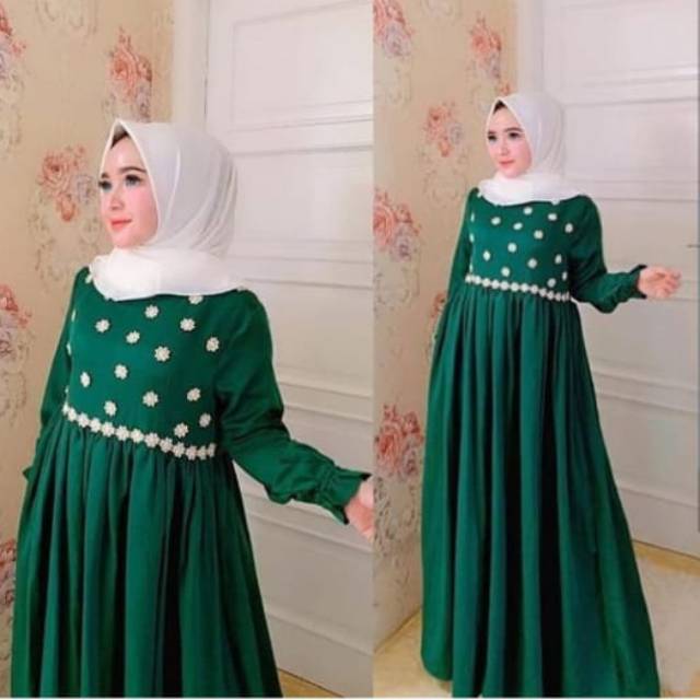 Gamis wanita muslimah terkini Flower Maxi ( hijau botol )
