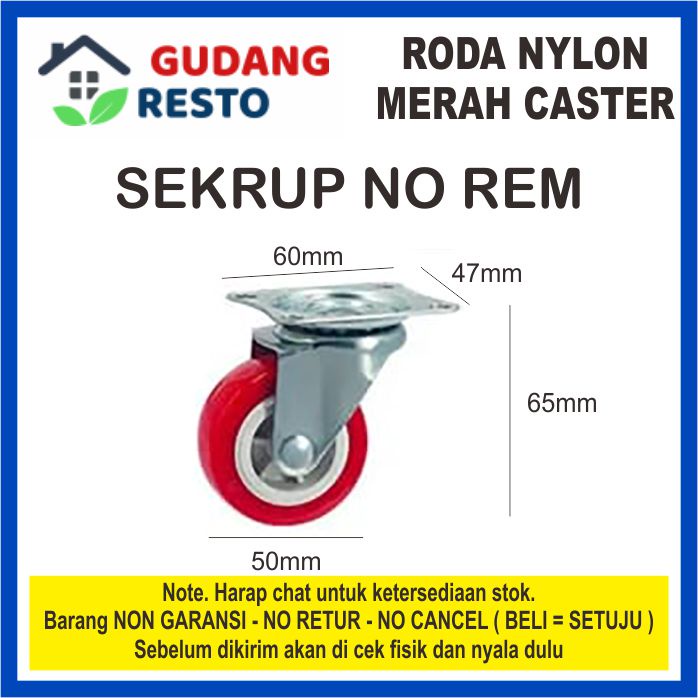 Roda Castor MERAH HIDUP / MATI  REM / TANPA REM PLATE / PLAT / Sekrup / Caster / Kastor / KASTER / Trolley 2 inch / 5 CM