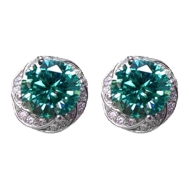Anting Stud Zircon Bentuk Bunga Bulat Warna Hijau Bahan Silver Untuk Wanita