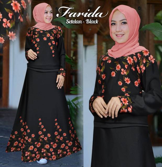 Farida Setelan rok dan atasan lengan panjang motif bunga bahan scuba