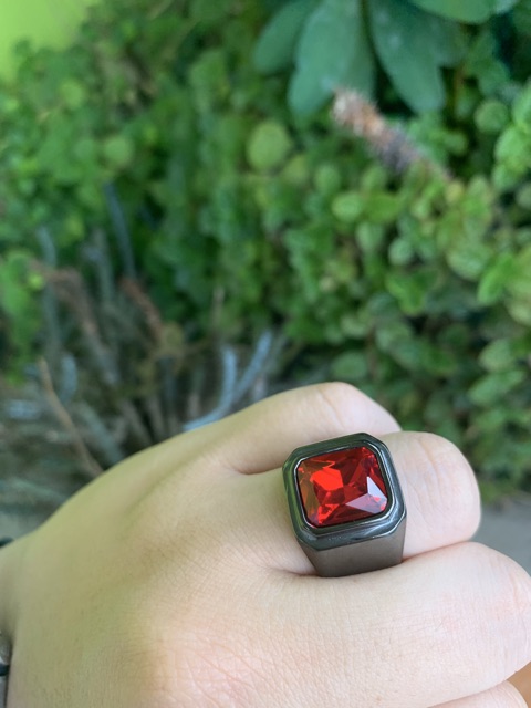 Cincin Pria Octagon Red Ruby Akik Merah Garnet Cutting Mewah Ring Black Titanium Stainless Steell