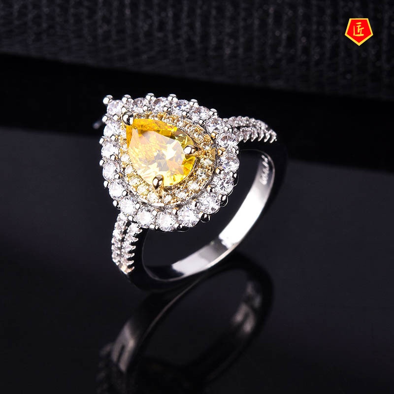 [Ready Stock]Inlaid Drop-Shaped Citrine Ring Luxury Full Diamond