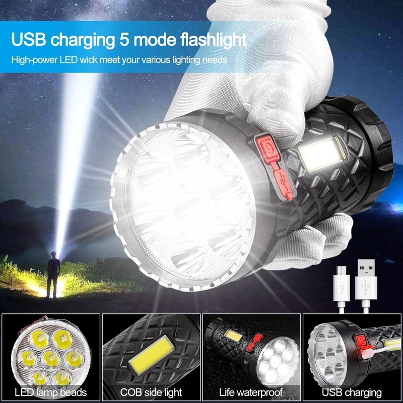 Lampu Senter Darurat 7 Led Super Terang Dengan Lampu Samping Cob / Usb Rechargeable