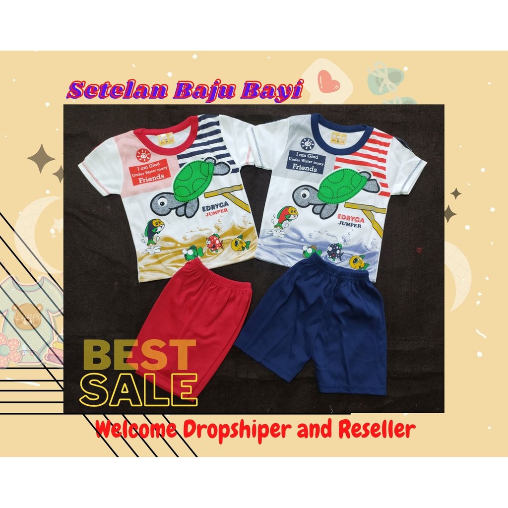 STPD14 - SETELAN BAJU BAYI ANAK LAKI LAKI LENGAN PENDEK OBLONG SABLON UMUR 4 - 15 BULAN