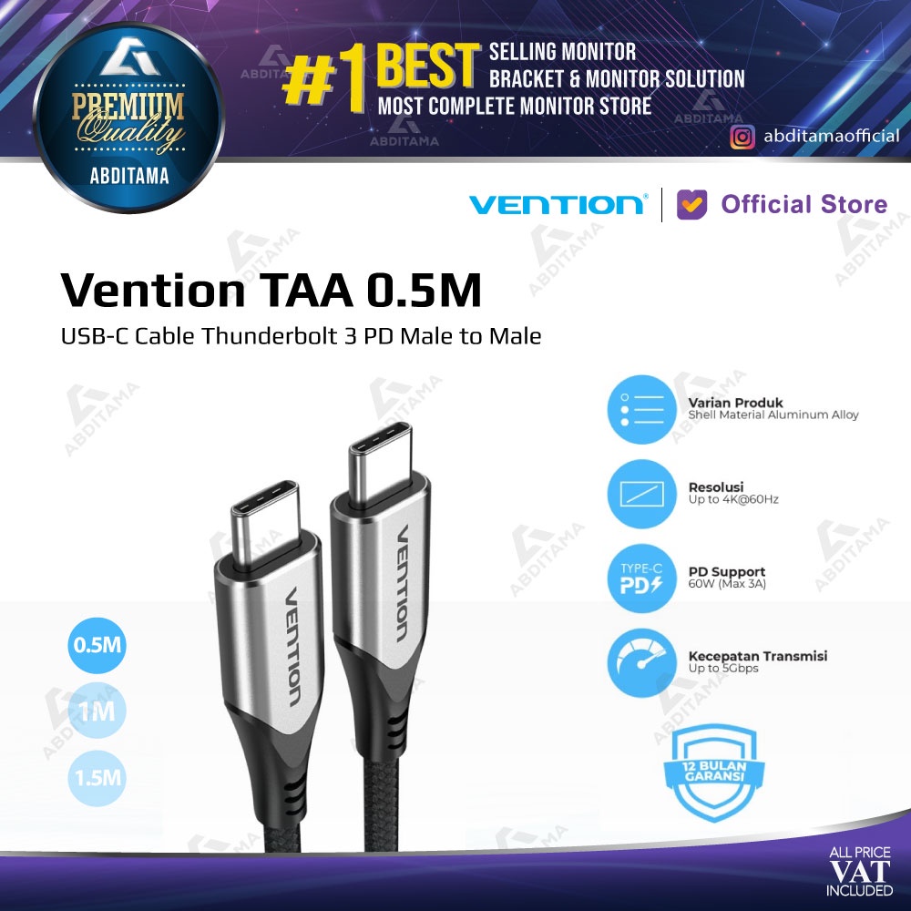 Kabel Data USB C Vention Thunderbolt 3 PD Power Delivery M to M 5Gbps - TAA