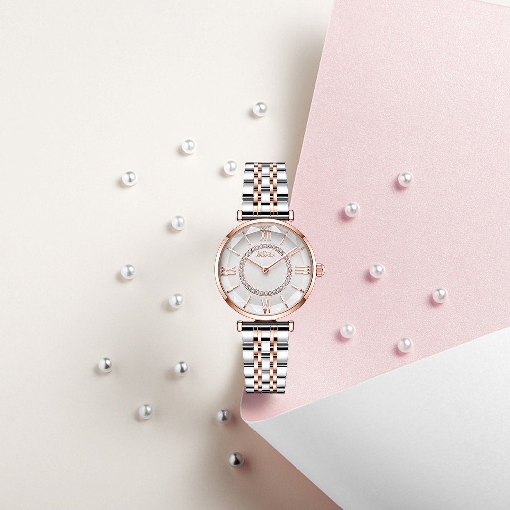 BIDEN Jam Tangan Wanita Mode Santai Tali Stainless Steel Display Kuarsa Tahan Air Jam Tangan Cewek-1