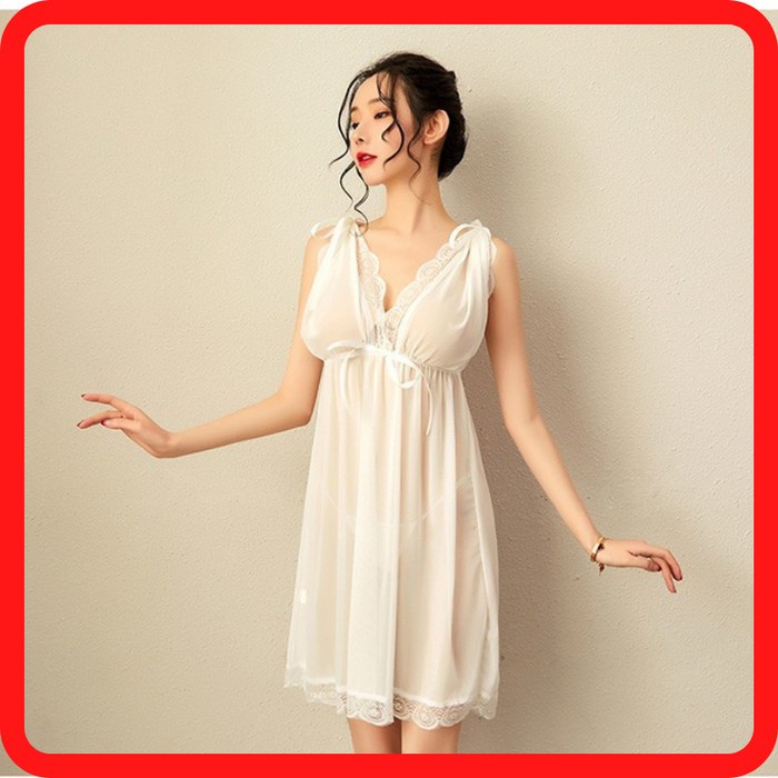 Baju Tidur Lingerie Big Size Jumbo Daster Piyama V Neck Sexy Putih Transparan LP3692