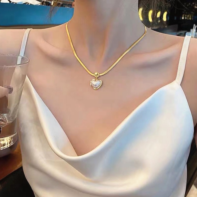 Kalung Titanium Premium Hati Mutiara Wanita Anti Karat Fashion Perhiasan