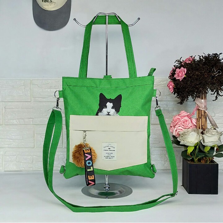 TOTEBAG KUCING RANSEL WANITA RESLETING / TOTE BAG LUCU, RANSEL/SLEMPANG,BISA CUSTOM SABLON TB 002 C