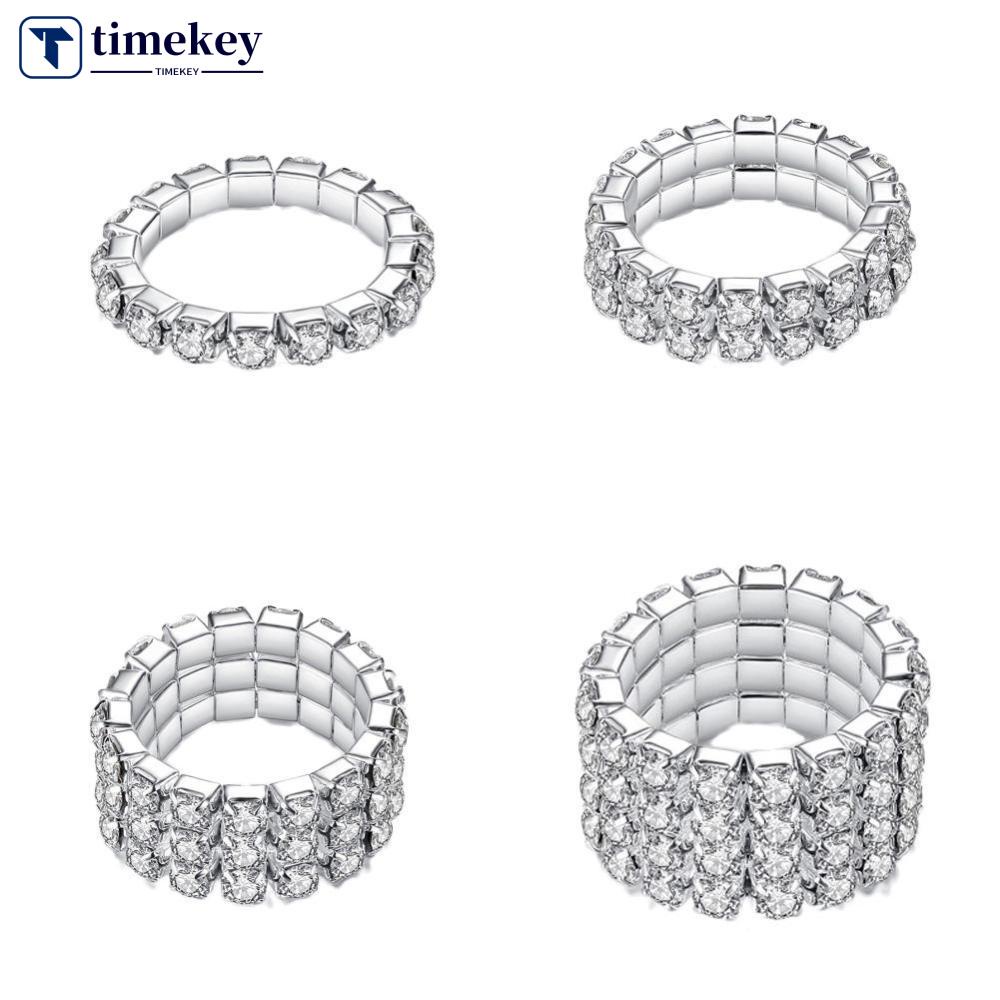 Timekey Cincin Lapis Silver 1 / 2 / 3 / 4 Baris Hias Kristal Berlian Imitasi Adjustable Untuk Wanita A4K6