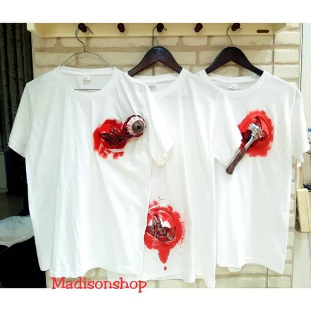 T-Shirt Darah 4D Timbul Kostum Cosplay Halloween Murah Kaos Hantu Seram