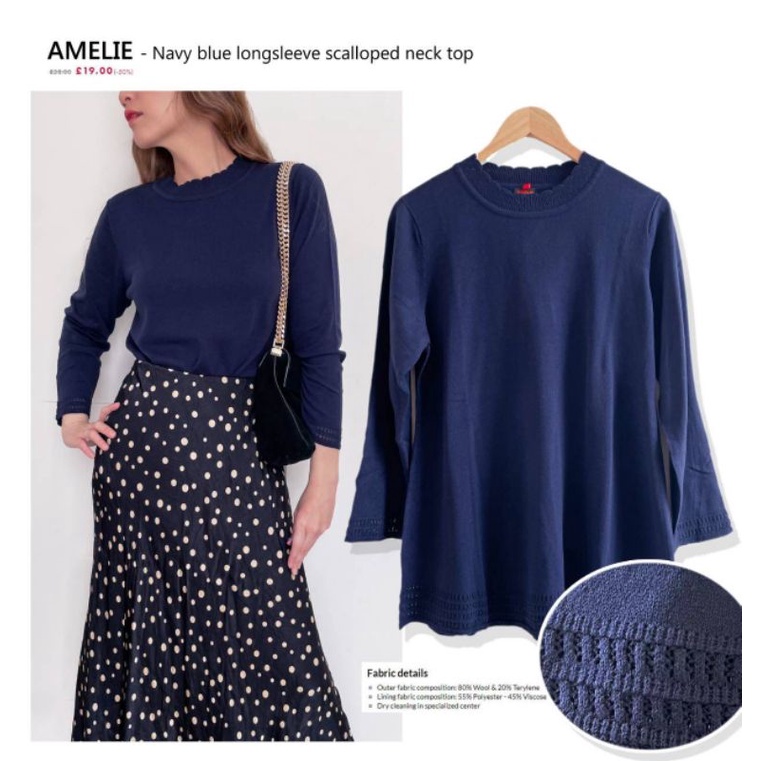 Ameli* Navy n pink long sleeve scalloped neck top