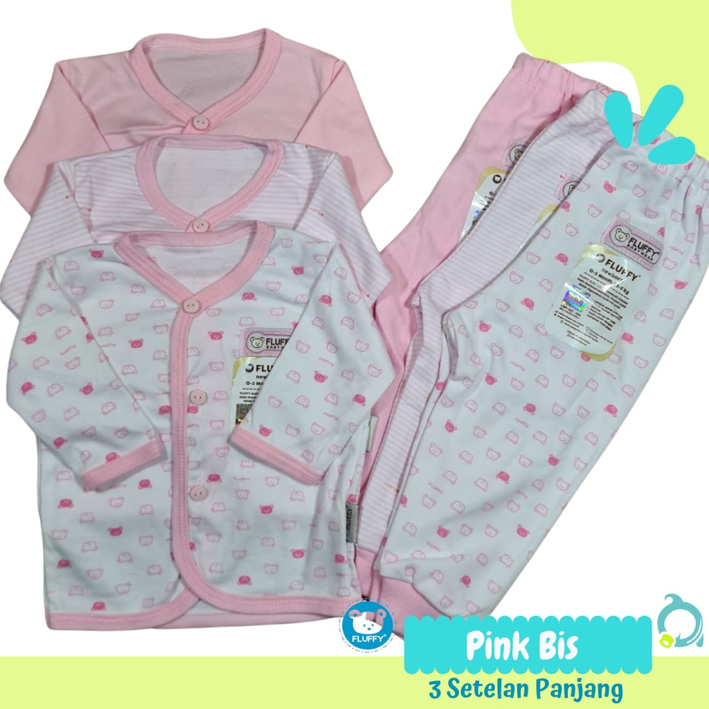 FLUFFY 3 Stelan Panjang Neci Motif Mix ( Abu | Khaki | Pink | Biru ) Size 0-3 Bulan (Newborn)