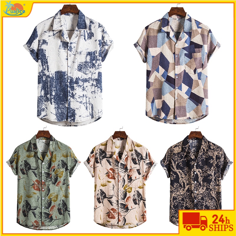 【Titik】 batik baju pria Kemeja pria lengan pendek sablon gaya retro kemeja katun dan linen pria keme