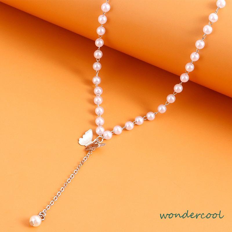 Retro Butterfly Pearl Kalung Lembut Gadis Kecil Cinta Liontin Kalung Rantai Klavikula-Won