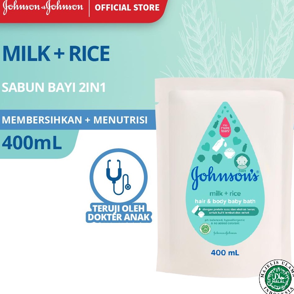 JOHNSONS Milk + Rice Baby Bath Hair &amp; Body 400ml - Sabun Bayi 2in1