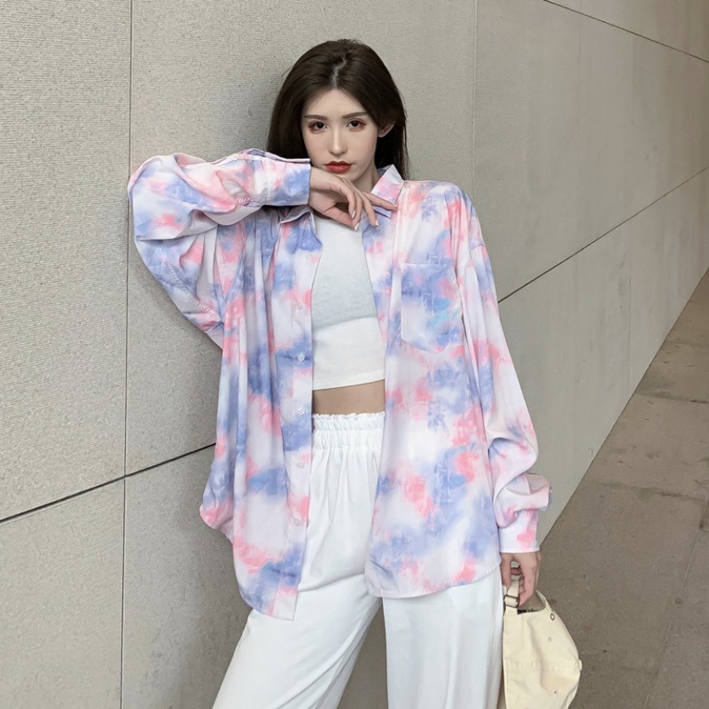 [CUCI GUDANG]Fashion Baru Wanita Korea Tie Dye Kemeja Sifon Longgar Lengan Panjang/Atas Lengan Pendek