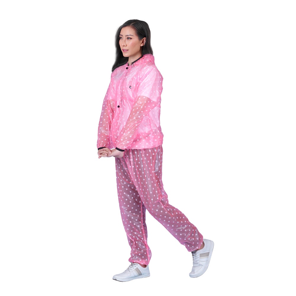 Toko Thabita - Jas Hujan Polkadot Wanita Setelan Jaket Celana Warna Pink