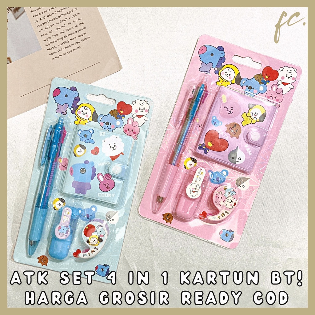 Set Paket Jurnal Alat Tulis Mini ATK 4 in 1 Lucu BT21 Army Korea Kartun Anak Unofficial Hadiah Kado 
