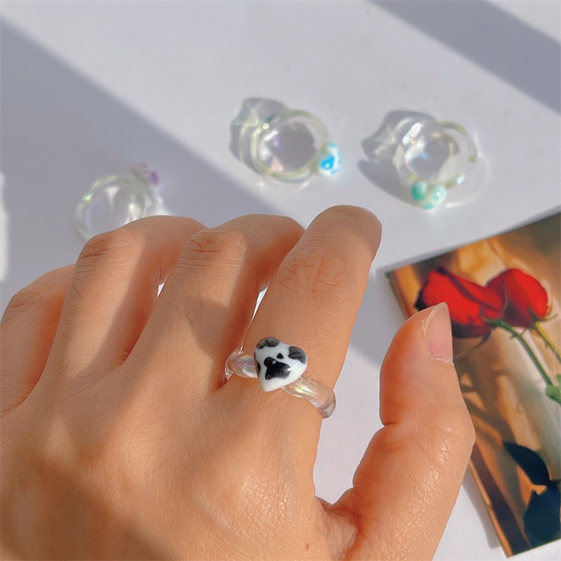 Cincin Resin Bening Motif Print Hati Gaya Korea Untuk Wanita