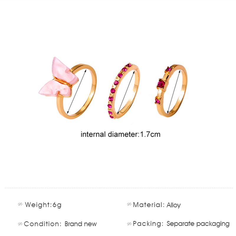 3 Pcs/Cincin Logam Kupu-kupu Pink Romantis Set Cincin Wanita Batu Permata Merah Modis