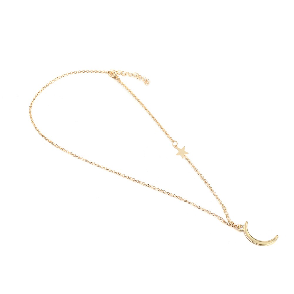 【COD Tangding】Moon Star Pendant Choker Necklace Gold Silver Long Chain Women's Jewelry