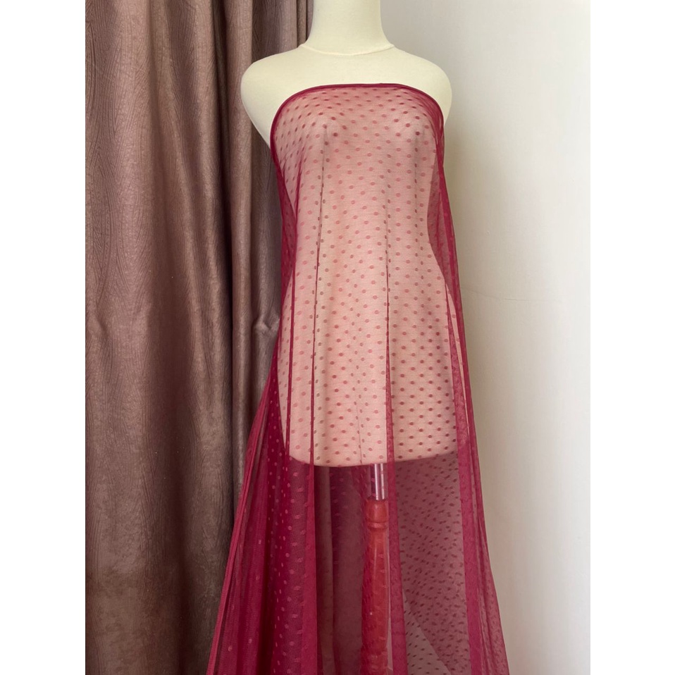 Bahan Kain Tile Tille Tule Tulle Dot Dotty Warna Merah Maroon Marun